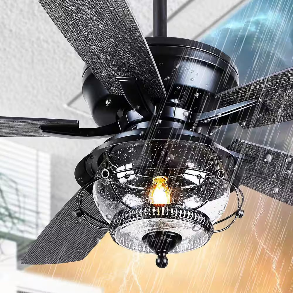 52 In. Indoor/Outdoor Black Ceiling Fans with Light and Remote-Wet Rated for Patios Gazebos