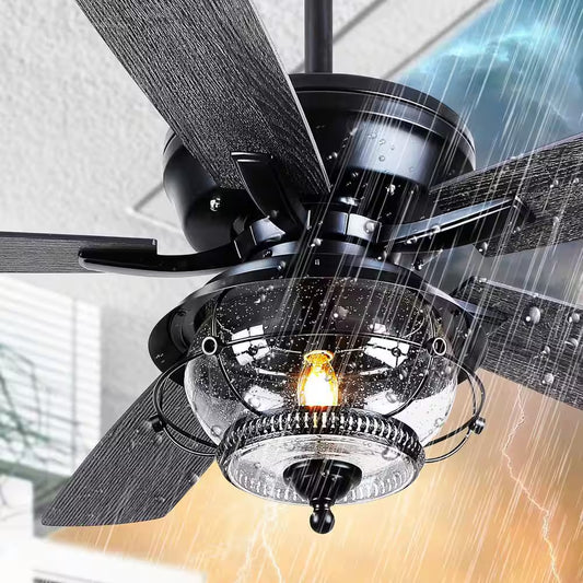 52 In. Indoor/Outdoor Black Ceiling Fans with Light and Remote-Wet Rated for Patios Gazebos