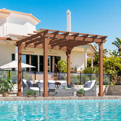 10 Ft. W X 10 Ft. D Cedar Wood Patio Pergola Shade Structure for Outdoor, Brown