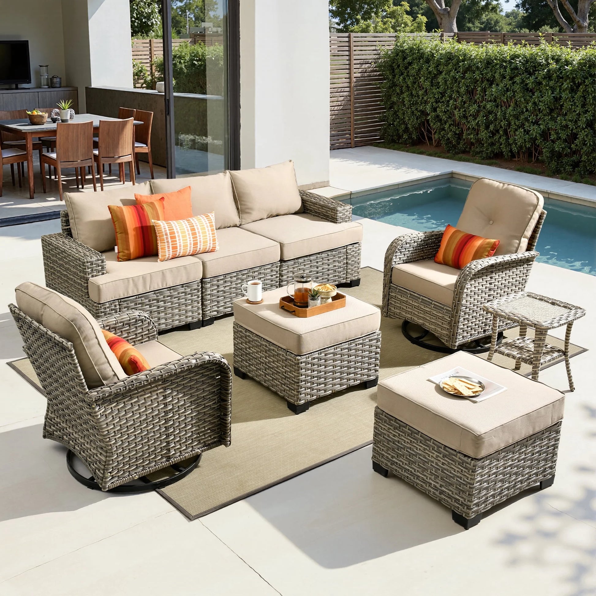 8 Pieces Patio Furniture Set, All Weather Wicker Patio Conversation Set with Swivel Chairs, Outdoor Furniture with Ottoman for Garden, Beige