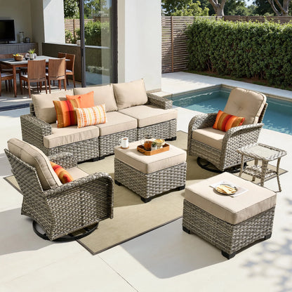 8 Pieces Patio Furniture Set, All Weather Wicker Patio Conversation Set with Swivel Chairs, Outdoor Furniture with Ottoman for Garden, Beige
