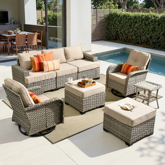 8 Pieces Patio Furniture Set, All Weather Wicker Patio Conversation Set with Swivel Chairs, Outdoor Furniture with Ottoman for Garden, Beige