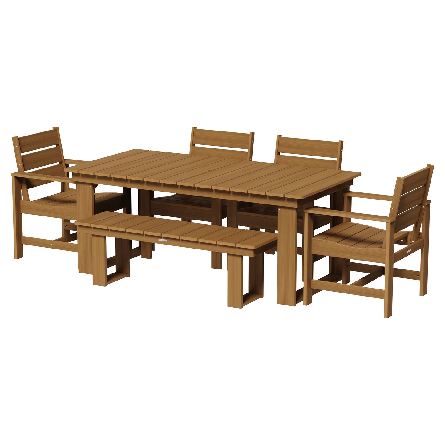 Ezra 6-Piece Outdoor HDPE Dining Set with Bench, Teak