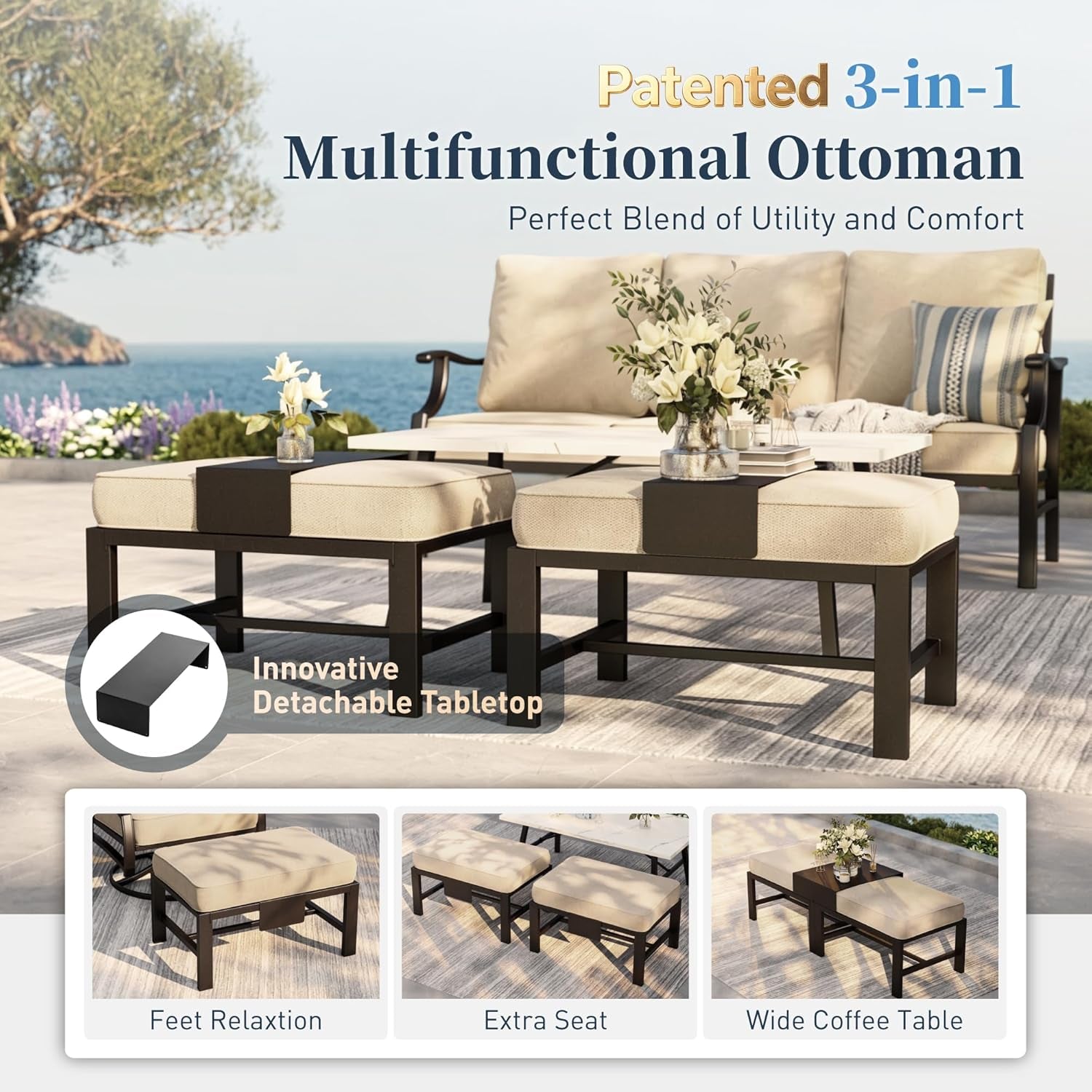 Patio Furniture Set, Modern Metal Outdoor Patio Furniture, 3 Seater Sofa, 2 Swivel Chairs, 2 Ottomans and 5.75" Extra Thick Cushion, Patio Conversation Set for Garden Backyard Deck