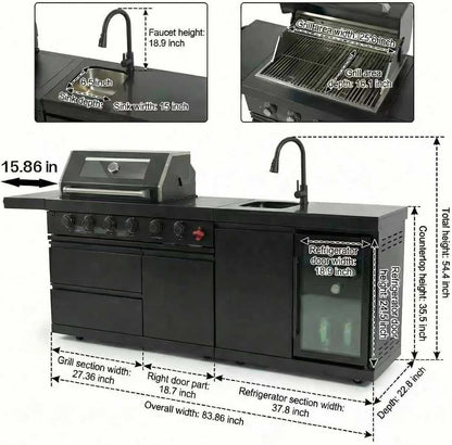 Outdoor BBQ Island, BBQ Island Outdoor Kitchen, 46" 4-Burner 72,000 BTU Outdoor Kitchen Island with Grill, Grill Tools, Grill Cover, Sink, Fridge, Rotisserie, Locking Casters, Propane/Ng (Black)
