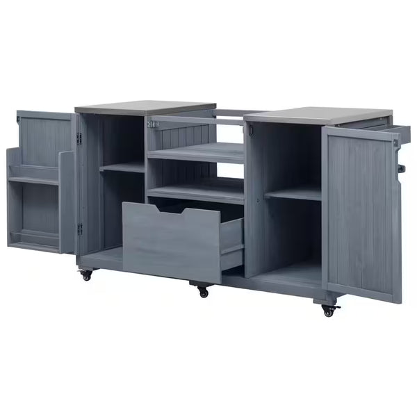Outdoor 227 Gal. 66.5 In. Gray Blue Kitchen Island for Big Green Egg Grills with Stainless Steel Top Deck Box