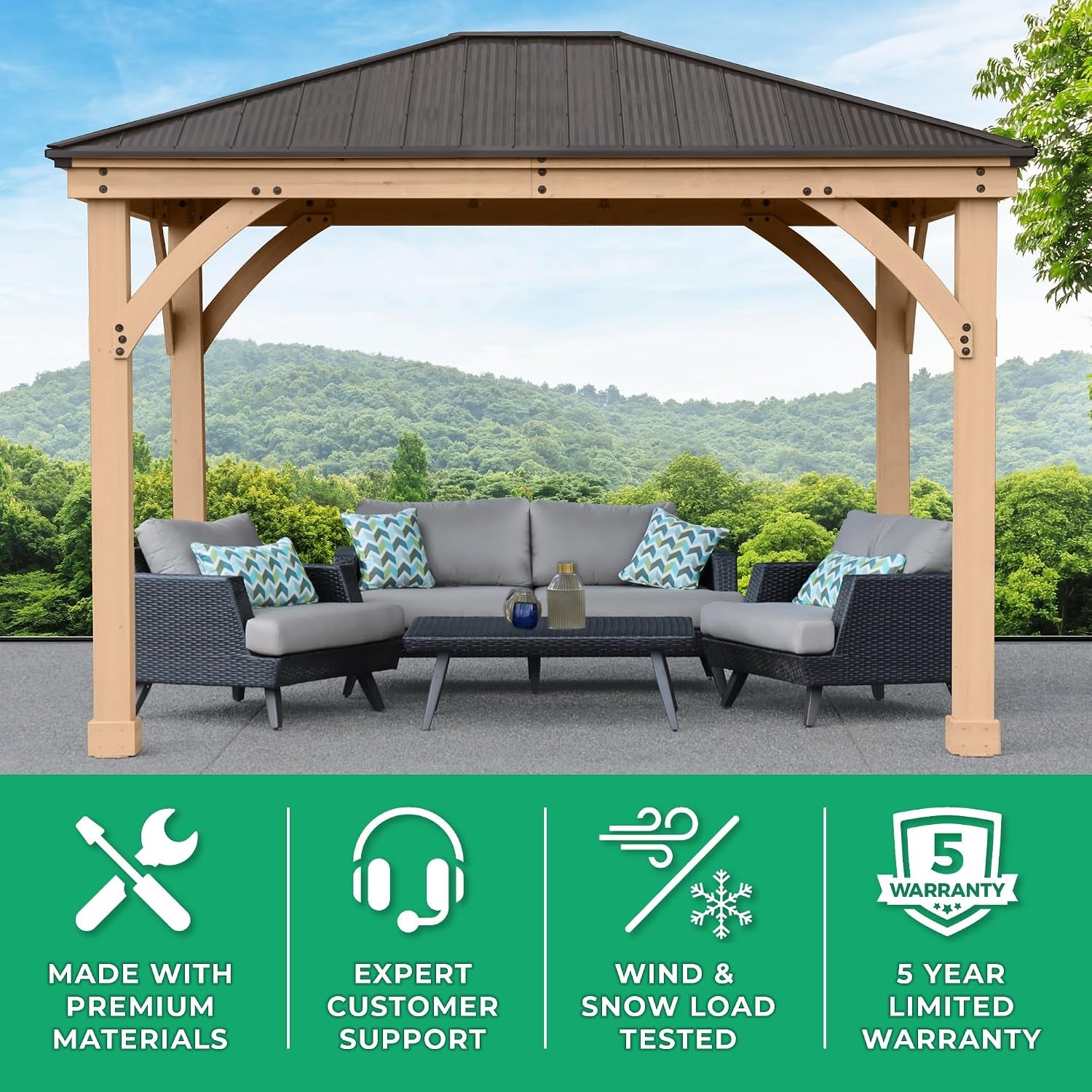 Yardistry 10 X 12 Meridian Cedar Wood Gazebo Pavilion for Patios, Decks, Garden, Backyard, Durable, Aluminum Roof