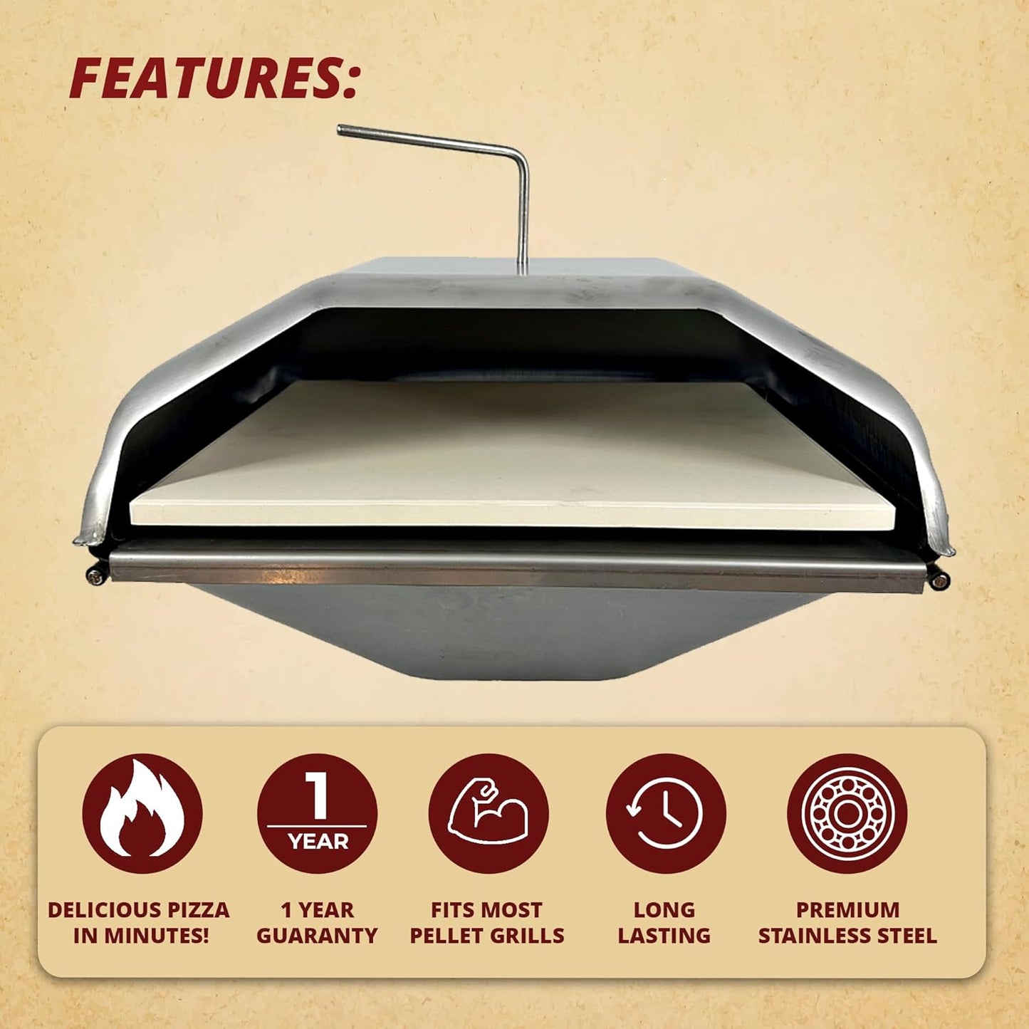 Pellet Grill Pizza Oven Attachment for Wood-Fired Cooking, Fits Traeger, GMG, Pit Boss, Camp Chef, Rec-Tec, Converts Grill to Pizza Oven, 800°F Heat, Stainless Steel