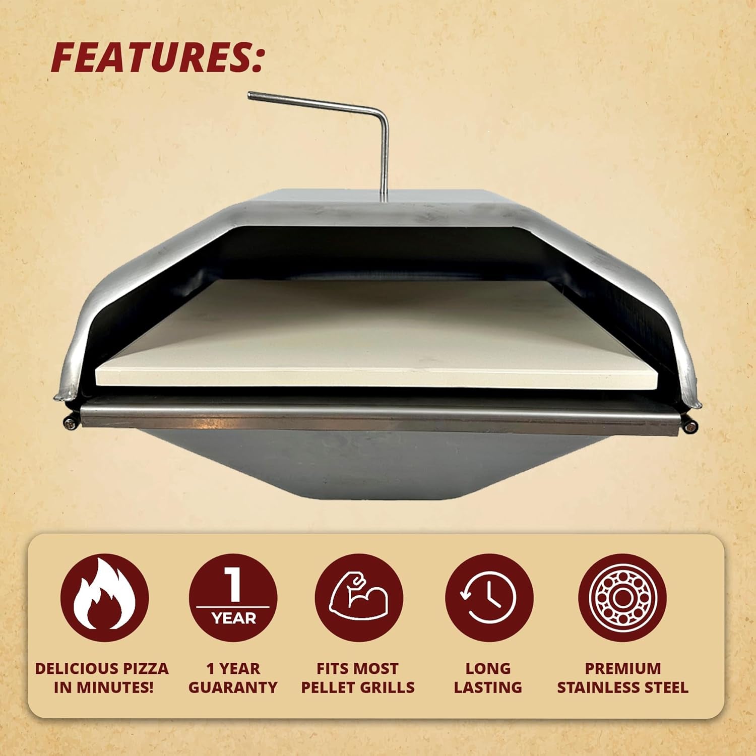 Pellet Grill Pizza Oven Attachment for Wood-Fired Cooking, Fits Traeger, GMG, Pit Boss, Camp Chef, Rec-Tec, Converts Grill to Pizza Oven, 800°F Heat, Stainless Steel