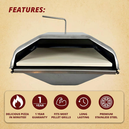 Pellet Grill Pizza Oven Attachment for Wood-Fired Cooking, Fits Traeger, GMG, Pit Boss, Camp Chef, Rec-Tec, Converts Grill to Pizza Oven, 800°F Heat, Stainless Steel