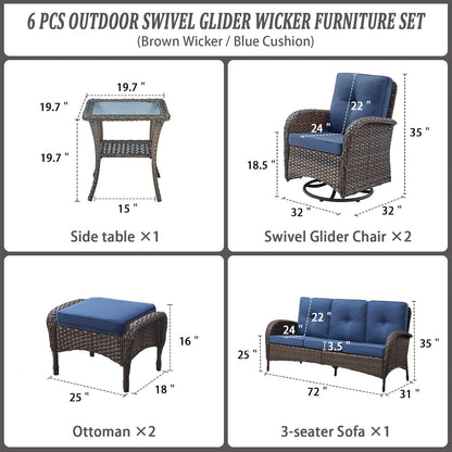 6 Piece Patio Conversation Sets - Wicker Patio Furniture Sets with Outdoor Swivel Rocker Chairs Outdoor Couch Perfect for Patio Deck Backyard, Brown Wicker Blue Cushion