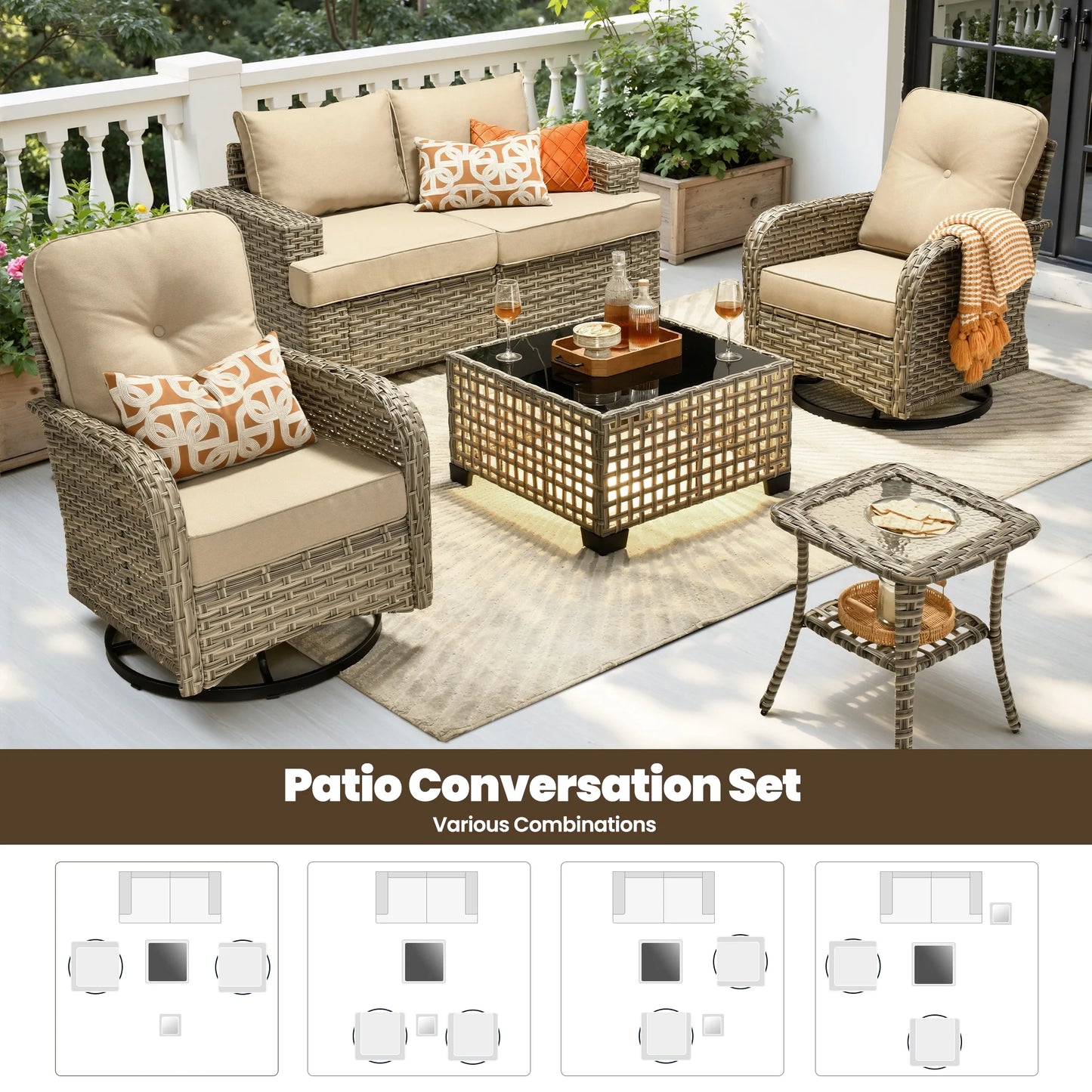 8 Pieces Patio Furniture Set, All Weather Wicker Patio Conversation Set with Swivel Chairs, Outdoor Furniture with Ottoman for Garden, Beige
