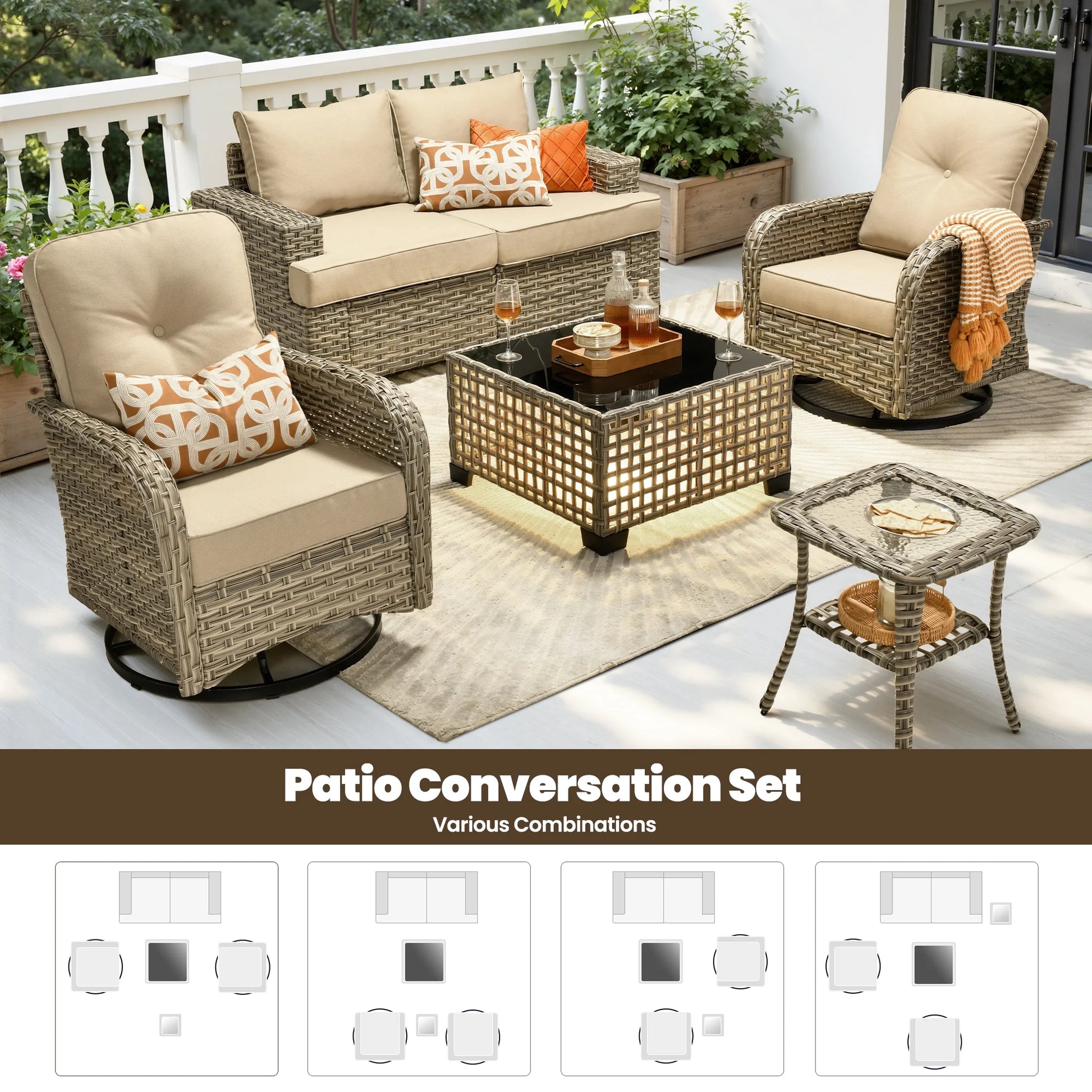 8 Pieces Patio Furniture Set, All Weather Wicker Patio Conversation Set with Swivel Chairs, Outdoor Furniture with Ottoman for Garden, Beige