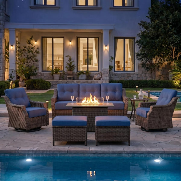 Luxurious 7 Piece Patio Furniture Set with Fire Pit Table, High Back Swivel Rocker Glider Outdoor Chairs with 6" Blue Cushion, All-Weather Patio Conversation Set for Yard Garden Brown Wicker