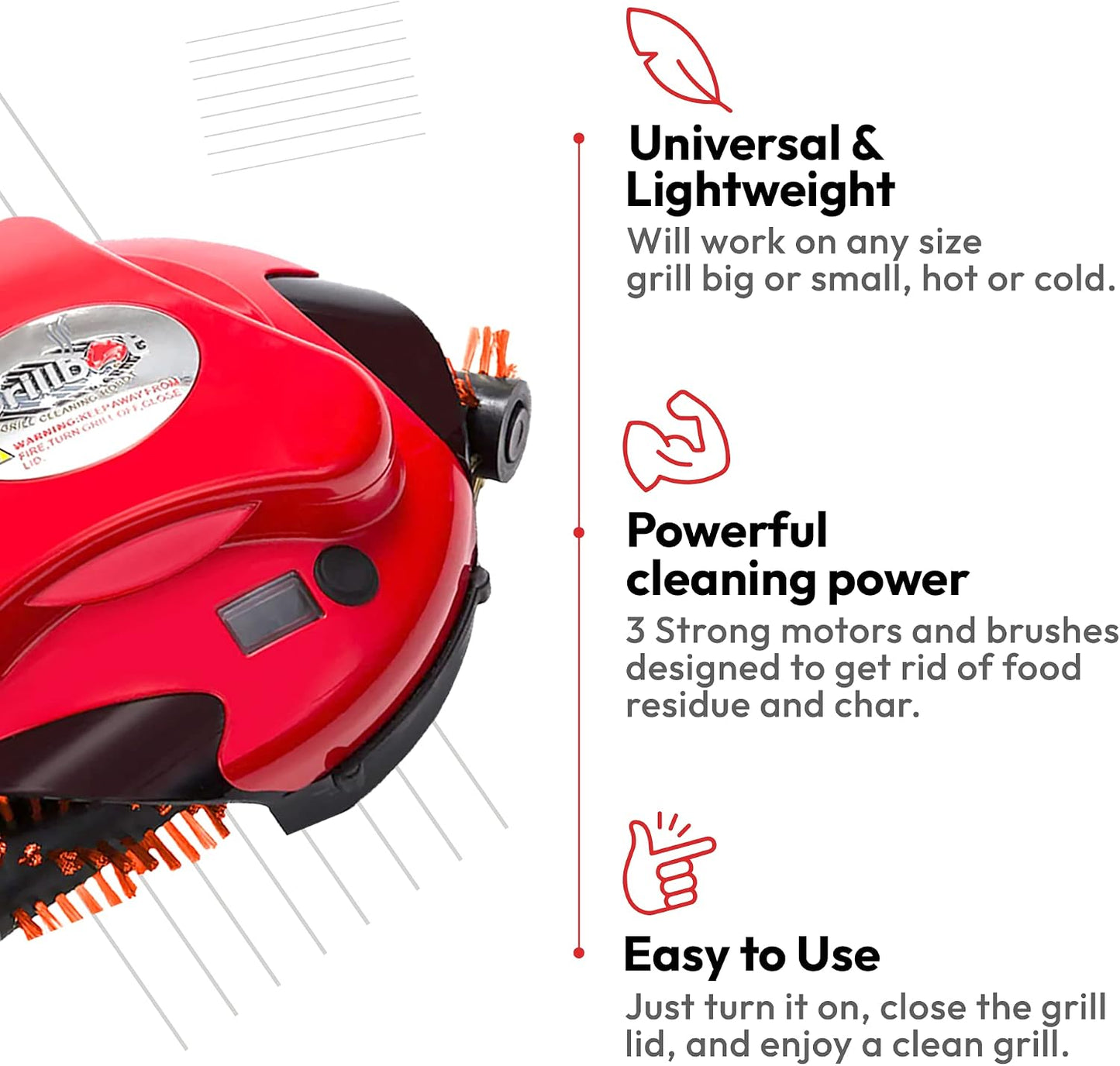 Automatic Grill Cleaning Robot with Nylon Brushes, Electric BBQ Cleaner Brush with Motorized Power, Cordless Rechargeable Grill Scrubber for Outdoor Grills (Red)
