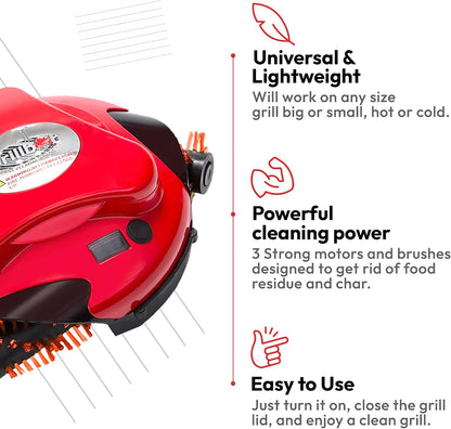 Automatic Grill Cleaning Robot with Nylon Brushes, Electric BBQ Cleaner Brush with Motorized Power, Cordless Rechargeable Grill Scrubber for Outdoor Grills (Red)