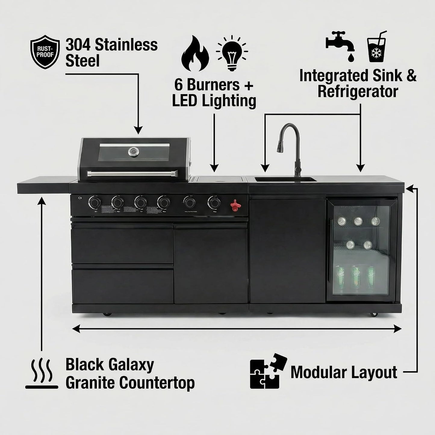 Outdoor BBQ Island, BBQ Island Outdoor Kitchen, 46" 4-Burner 72,000 BTU Outdoor Kitchen Island with Grill, Grill Tools, Grill Cover, Sink, Fridge, Rotisserie, Locking Casters, Propane/Ng (Black)