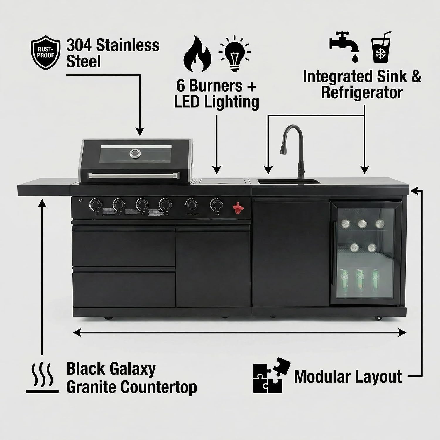 Outdoor BBQ Island, BBQ Island Outdoor Kitchen, 46" 4-Burner 72,000 BTU Outdoor Kitchen Island with Grill, Grill Tools, Grill Cover, Sink, Fridge, Rotisserie, Locking Casters, Propane/Ng (Black)