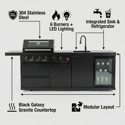 Outdoor BBQ Island, BBQ Island Outdoor Kitchen, 46" 4-Burner 72,000 BTU Outdoor Kitchen Island with Grill, Grill Tools, Grill Cover, Sink, Fridge, Rotisserie, Locking Casters, Propane/Ng (Black)