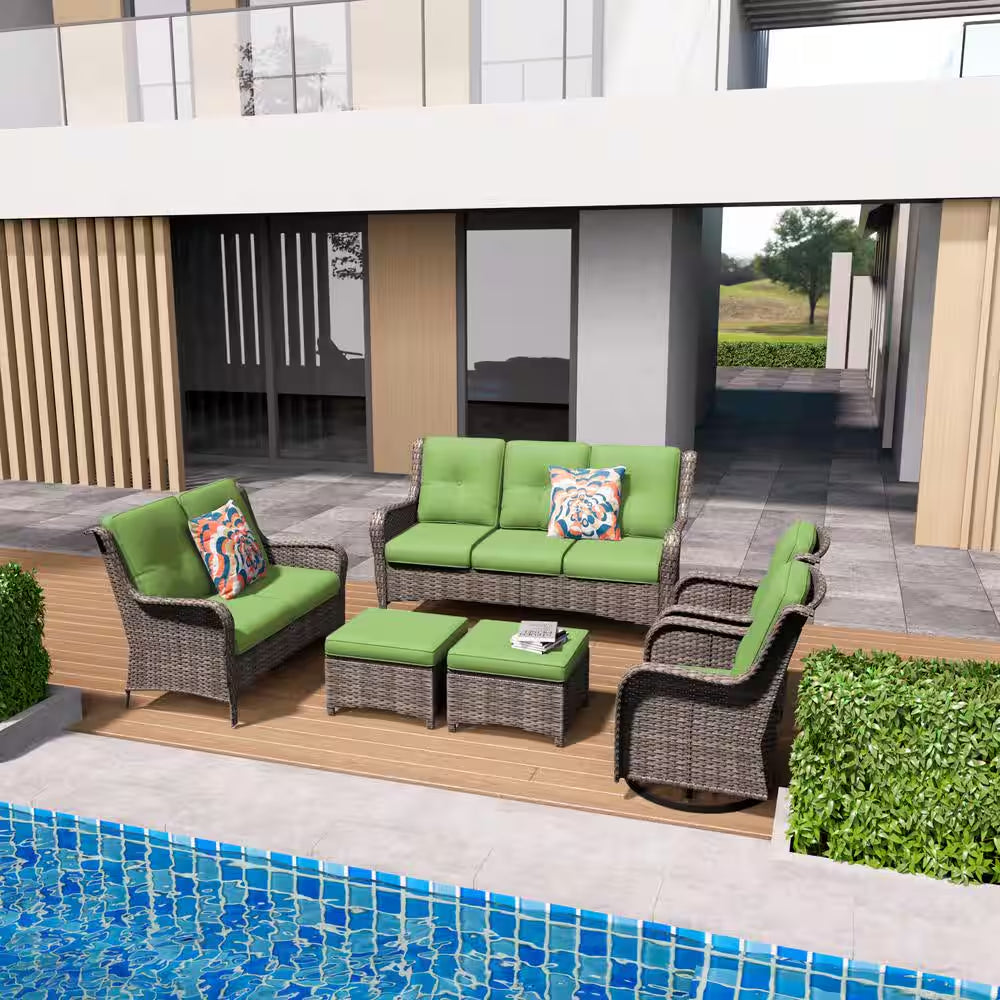 Patio Furniture Set 6-Piece Outdoor Patio Conversation Set with Green Cushions Lawn Furniture