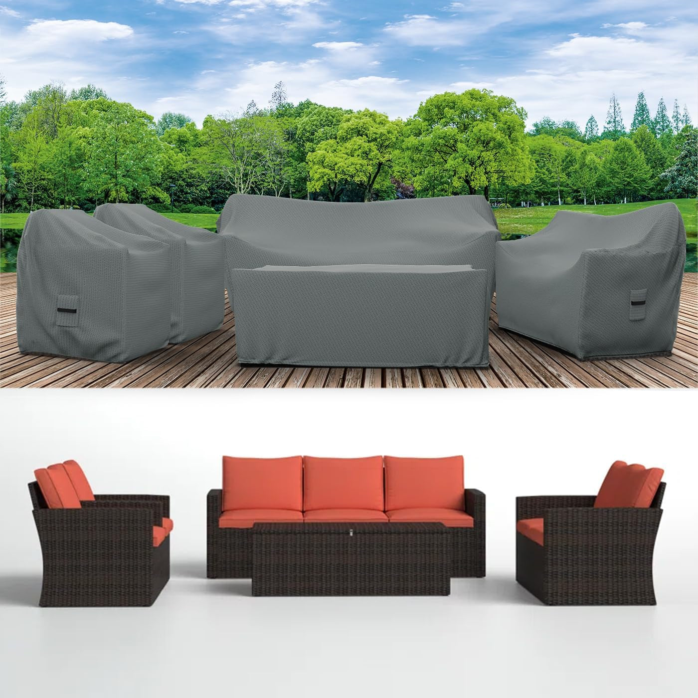 Patio Furniture Cover Set, 5 Piece Outdoor Furniture Covers, Water-Repellent UV & Weather-Resistant Covers for Sofa, Loveseat, Chairs & Coffee Table with Elastic & Padded Handles
