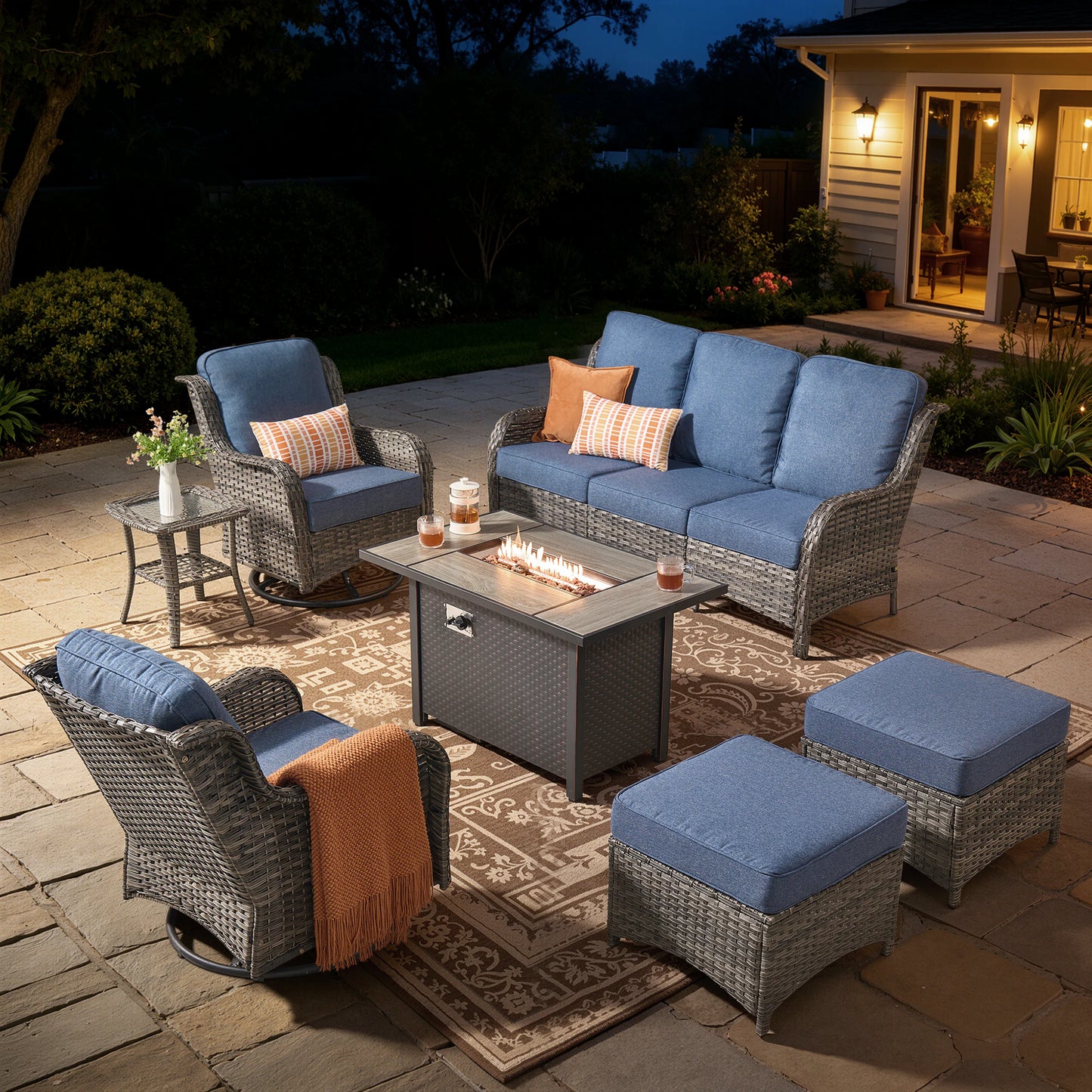 7 -Piece Wicker Patio Conversation Set with Gray Cushions Included