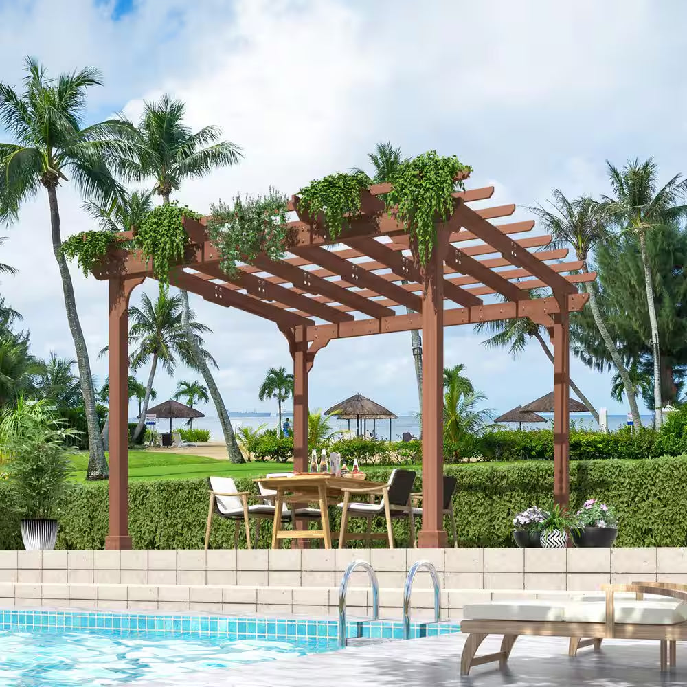 12 Ft. W X 12 Ft. D Cedar Wood Patio Pergola Shade Structure for Outdoor, Brown