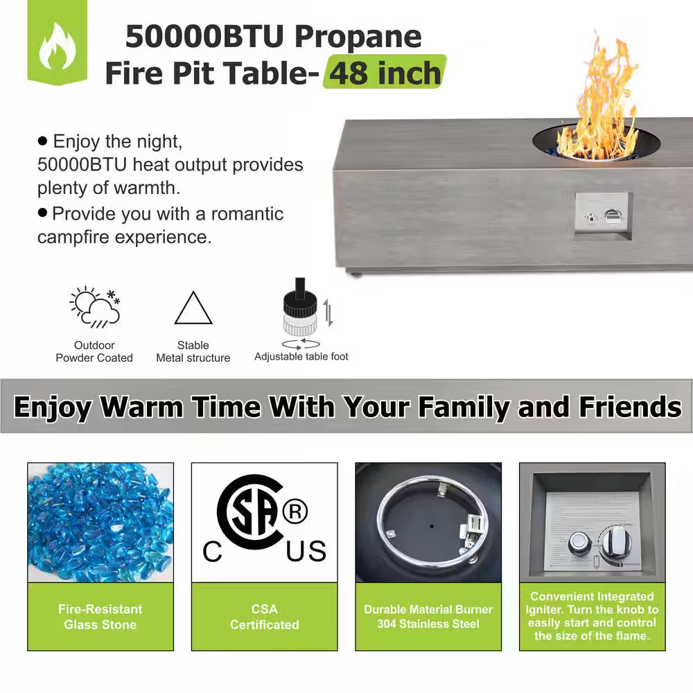 48 In. 50,000 BTU Rectangle Outdoor Propane Gas Fire Pit Table in Brown