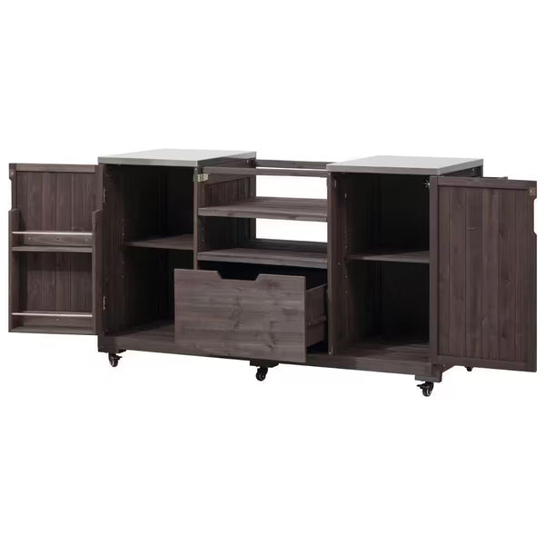 66.5 In. Dark Brown Wood Outdoor Grill Cart with Stainless Steel Top and Drawer