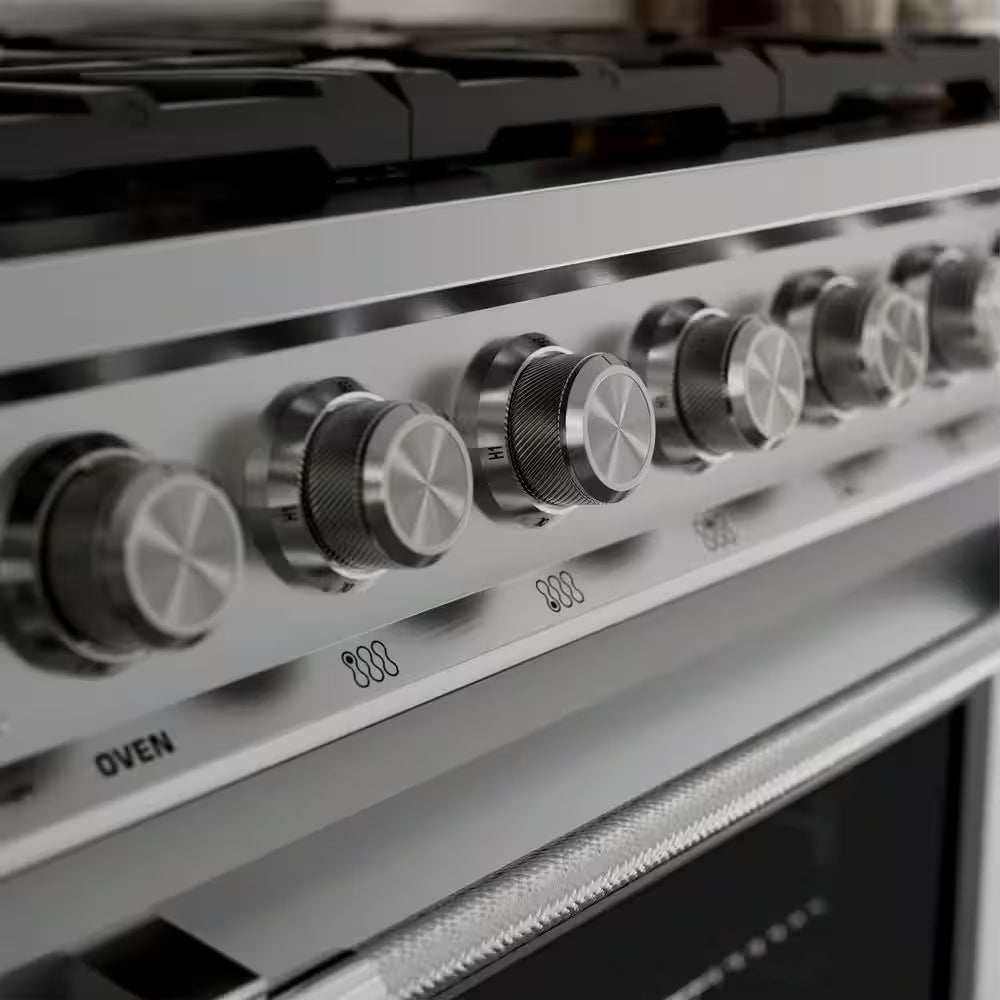 36 In. Slide-In Gas Range, 5.2 Cu. Ft. Convection Oven, 6 Sealed Burners, Convertible to Propane in Stainless Steel