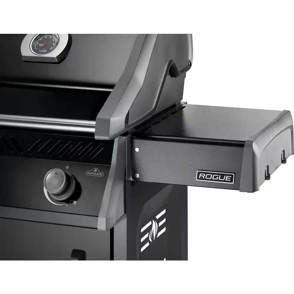 Rogue 425 3-Burner Propane Gas Grill in Black with Cast Iron Cooking Grids and Range Side Burner