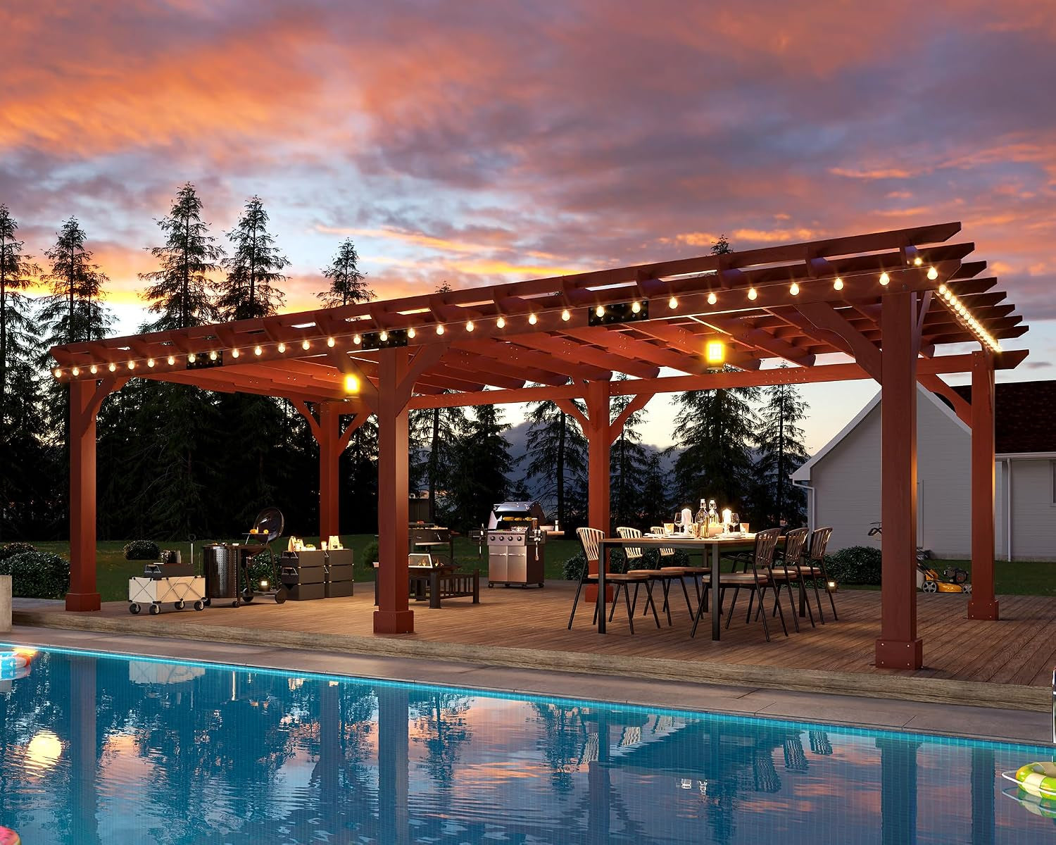 12X24 FT Premium Cedar Wood Pergola with Trellis Roof & Weather-Resistant Support, Outdoor Pergola Kit with Stakes, Garden Gazebo for Patio, Backyard & Events, Reddish-Brown