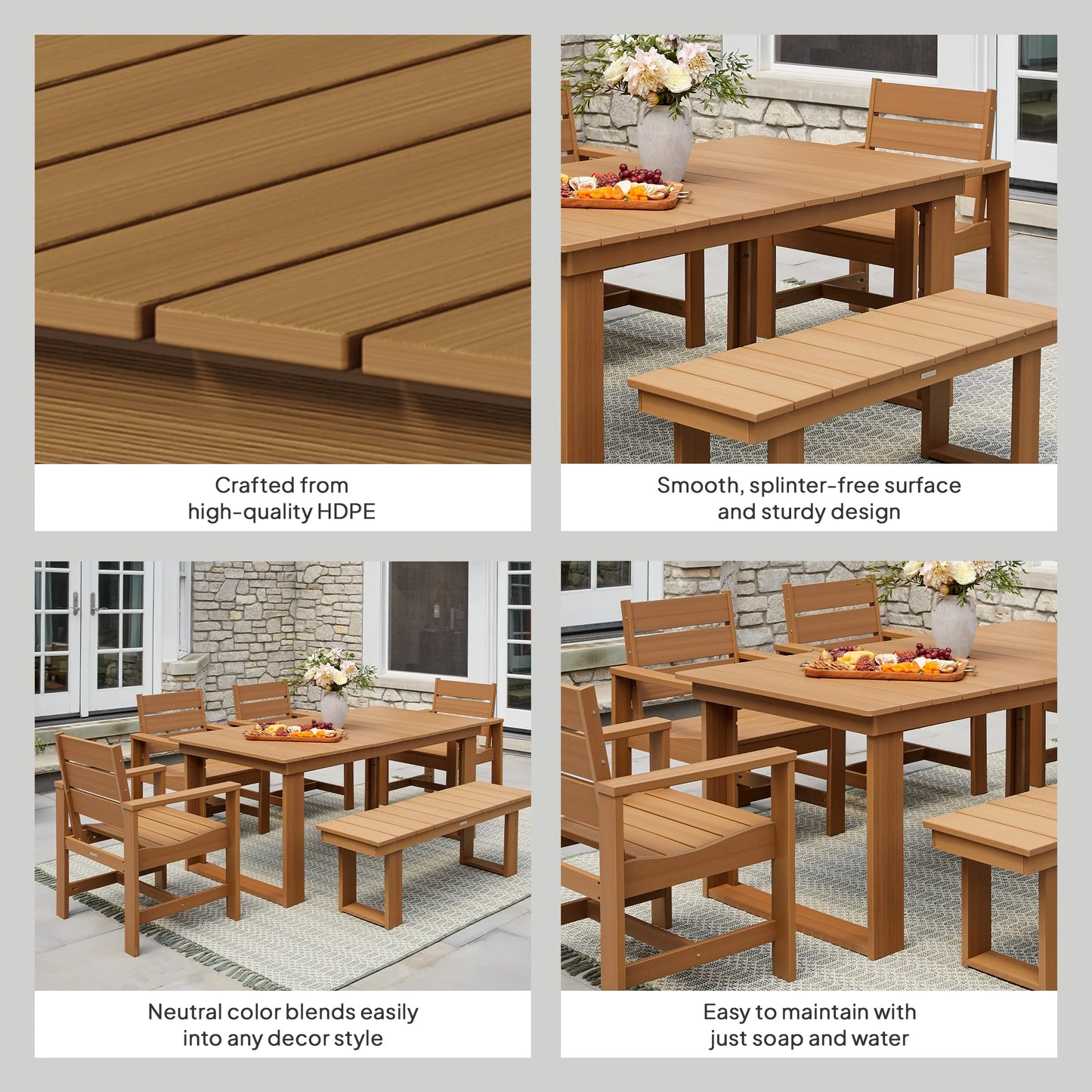 Ezra 6-Piece Outdoor HDPE Dining Set with Bench, Teak