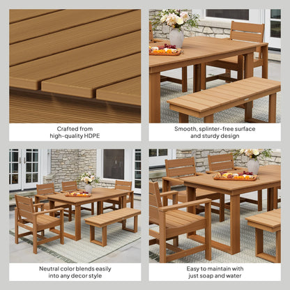 Ezra 6-Piece Outdoor HDPE Dining Set with Bench, Teak