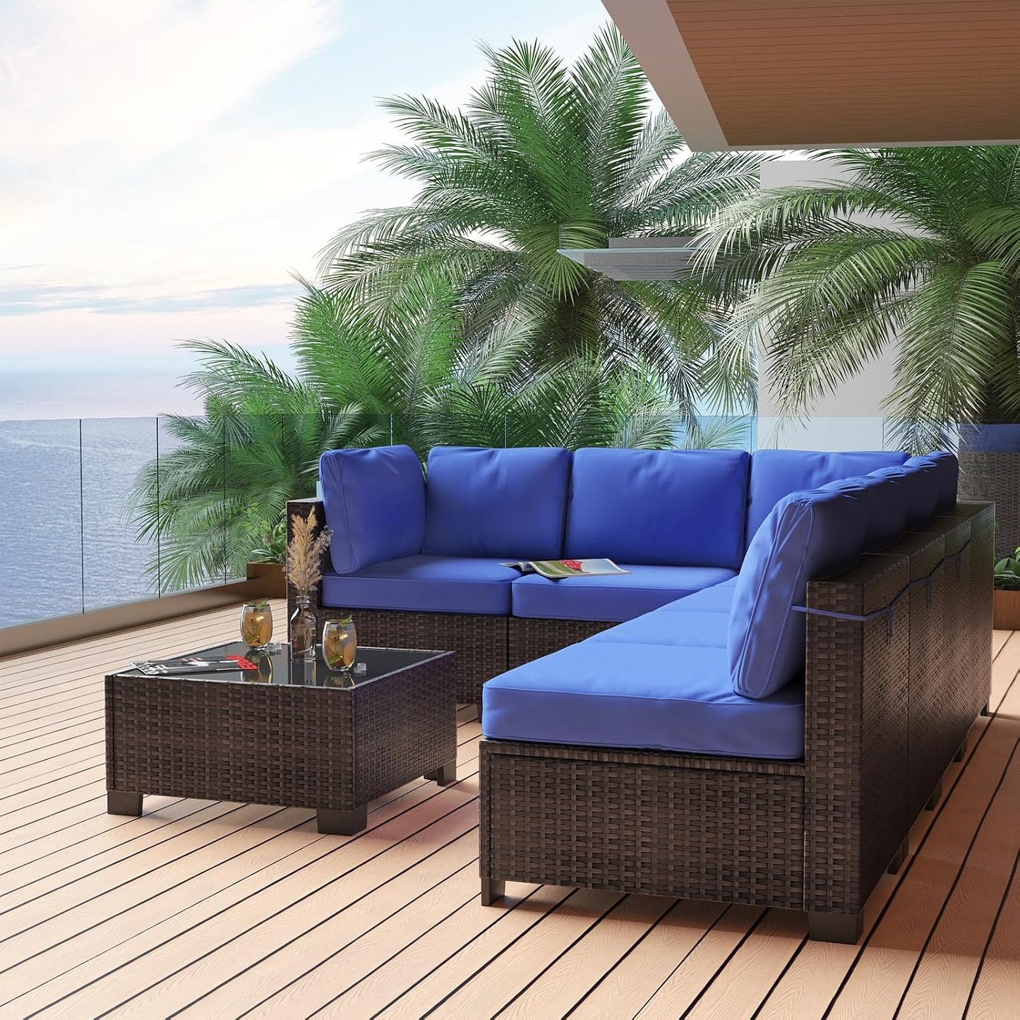 7 Pieces Outdoor Patio Furniture Sets, Rattan Conversation Set with Sectional Sofa, Chairs and Coffee Table, Waterproof Patio Conversation Sets (Brown & Navy Blue)