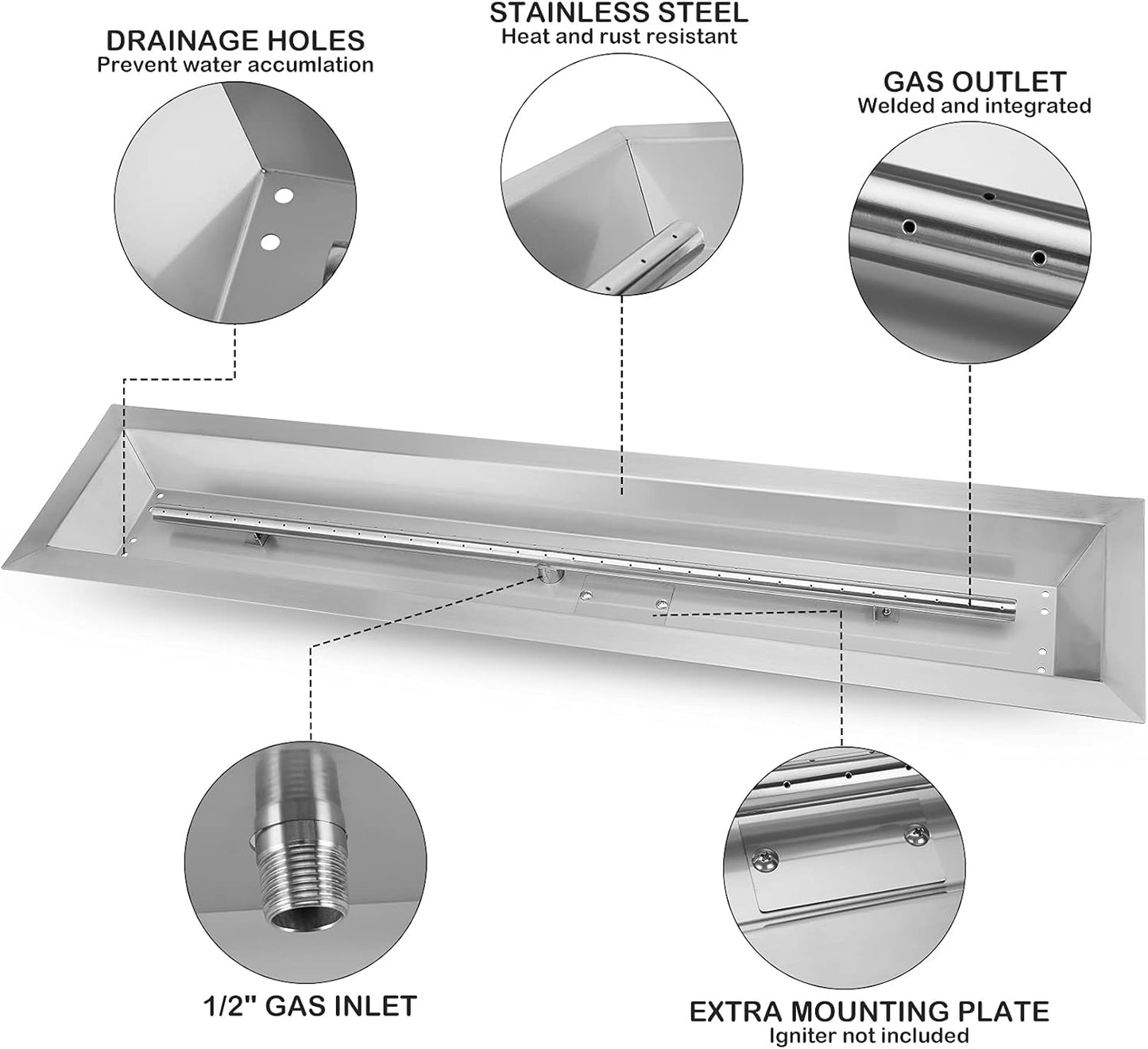 48 X 6 Inch Linear Fire Pit Burner with Spark Ignition Kit | Natural Gas Stainless Steel Gas Fire Pit Kit Insert for DIY Fireplace, 91,000 BTU'S Max