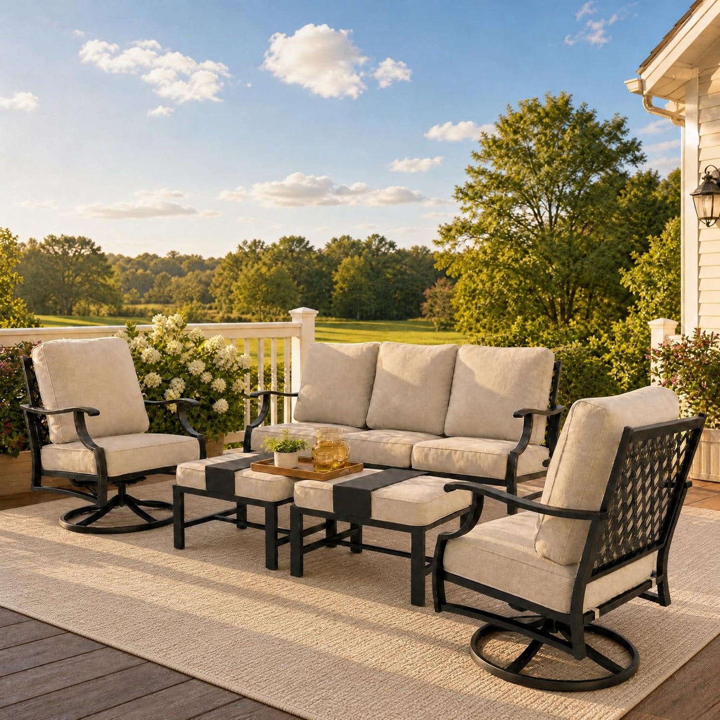 Patio Furniture Set, Modern Metal Outdoor Patio Furniture, 3 Seater Sofa, 2 Swivel Chairs, 2 Ottomans and 5.75" Extra Thick Cushion, Patio Conversation Set for Garden Backyard Deck
