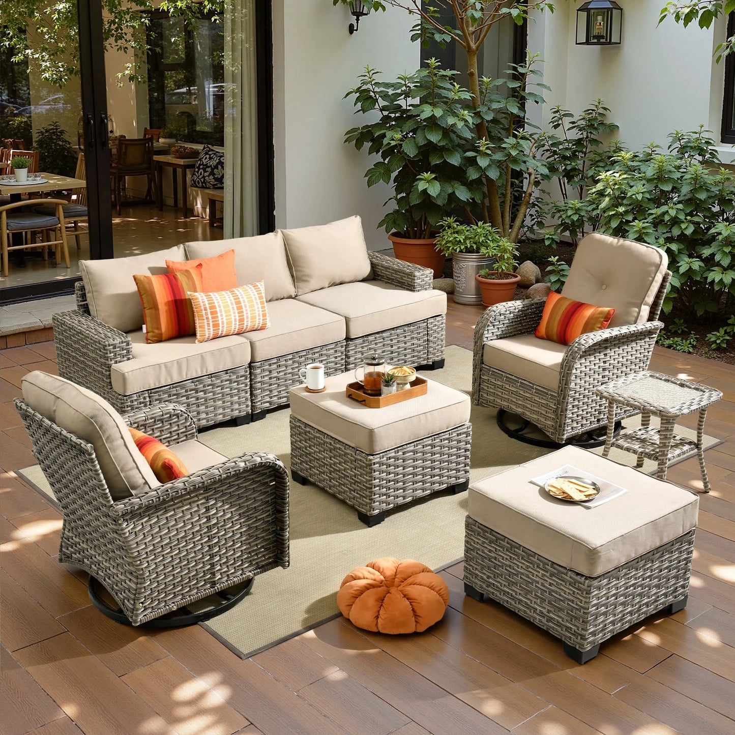 8 Pieces Patio Furniture Set, All Weather Wicker Patio Conversation Set with Swivel Chairs, Outdoor Furniture with Ottoman for Garden, Beige