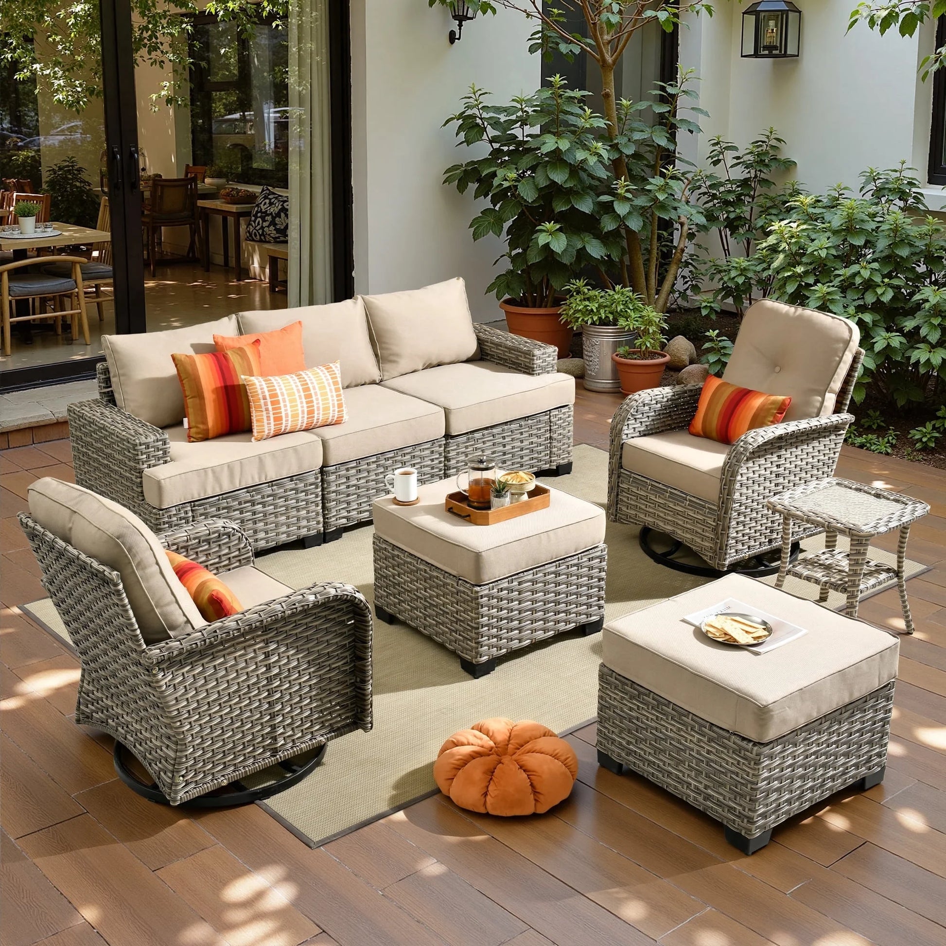8 Pieces Patio Furniture Set, All Weather Wicker Patio Conversation Set with Swivel Chairs, Outdoor Furniture with Ottoman for Garden, Beige