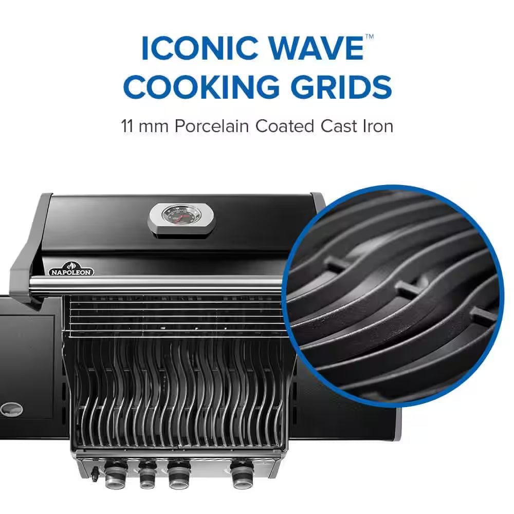 Rogue 425 3-Burner Propane Gas Grill in Black with Cast Iron Cooking Grids and Range Side Burner