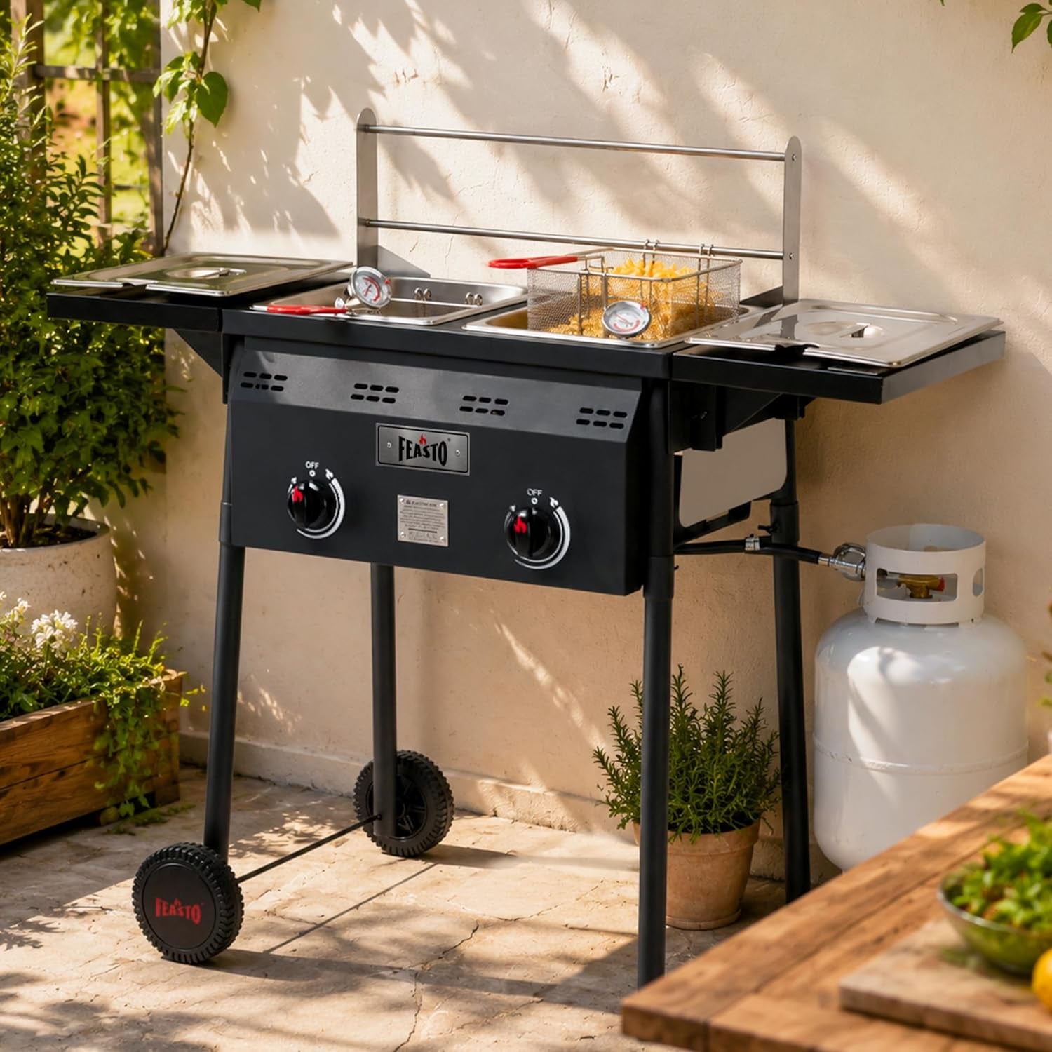 Outdoor Propane Deep Fryer with Rolling Cart, Dual Tank Fish Fryer | 2 Independent Burners, 100,000 BTU, 4-Gal Oil Capacity, Frying Station with Baskets for Fish, Fries & Chicken