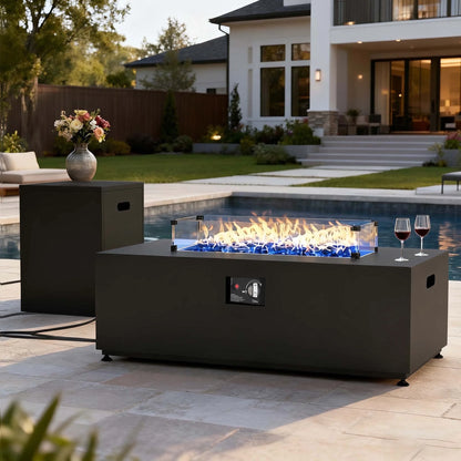 42 Inch Outdoor Fire Pit Table for outside Patio, 55000BTU Rectangle Propane Firepit with Hidden Fuel Tank, Glass Wind Guard, Waterproof Cover and Lid