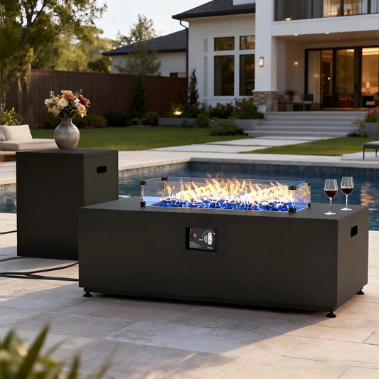 42 Inch Outdoor Fire Pit Table for outside Patio, 55000BTU Rectangle Propane Firepit with Hidden Fuel Tank, Glass Wind Guard, Waterproof Cover and Lid