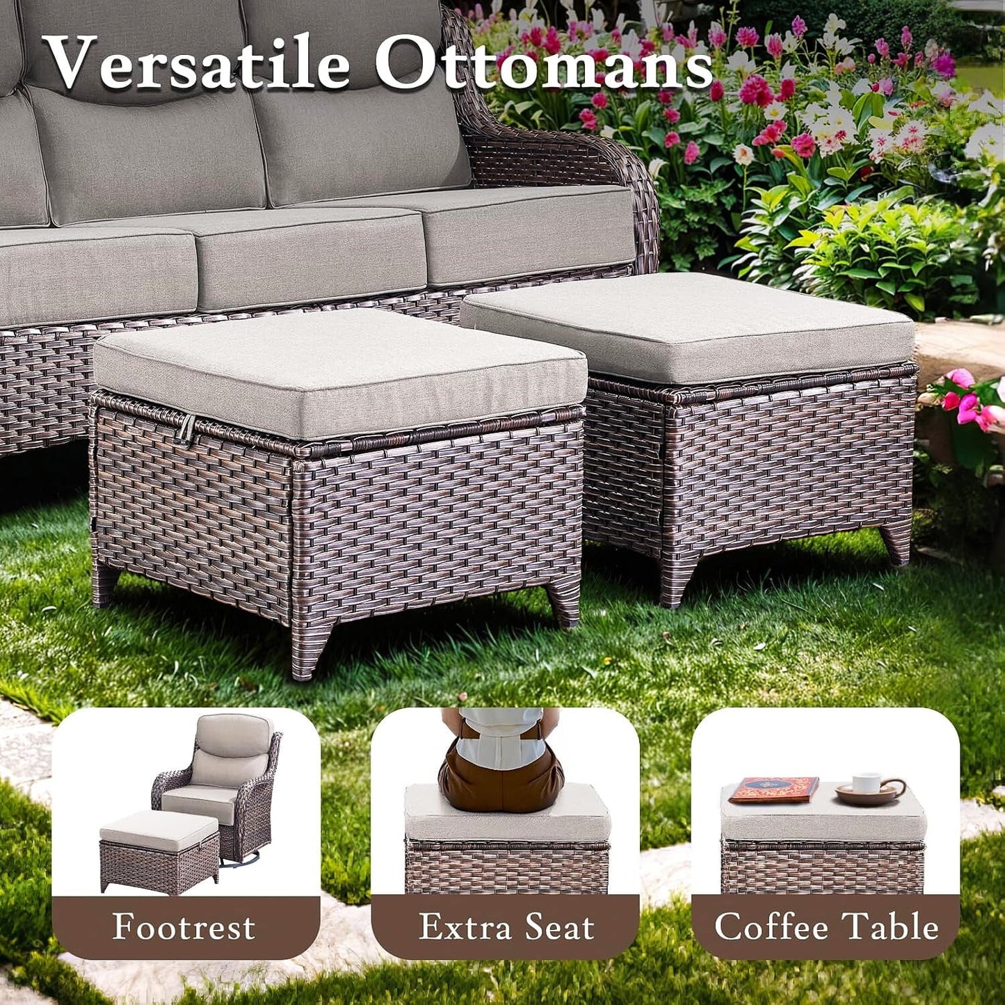 9-Piece Outdoor Patio Furniture Set with Fire Pit Table,Swivel Chairs and 6" Thick Cushions,Sectional Sofa and Ottomans,Patio Conversation Set for Porch Deck Garden Backyard