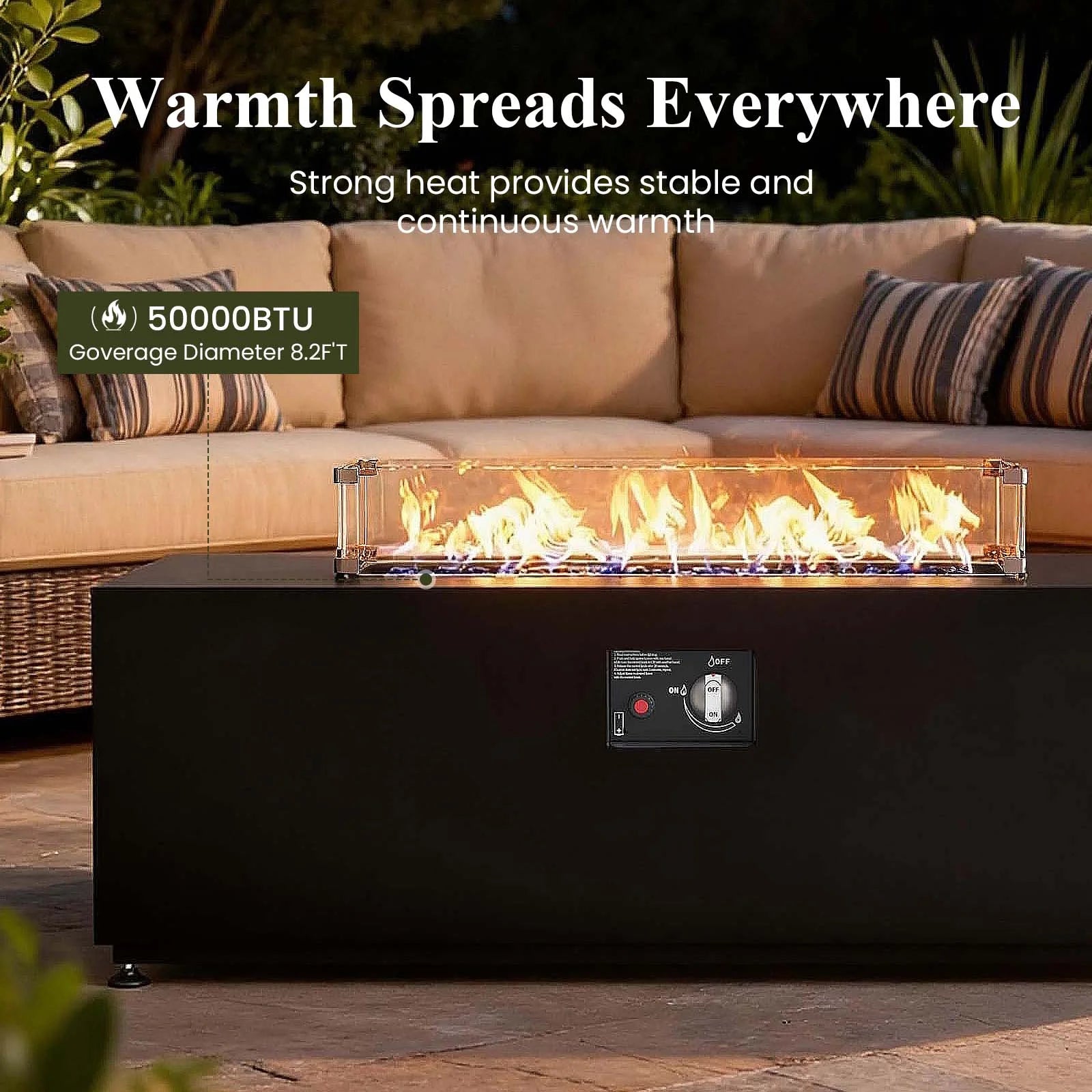 42 Inch Outdoor Fire Pit Table for outside Patio, 55000BTU Rectangle Propane Firepit with Hidden Fuel Tank, Glass Wind Guard, Waterproof Cover and Lid