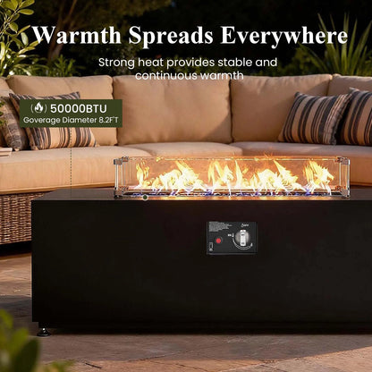 42 Inch Outdoor Fire Pit Table for outside Patio, 55000BTU Rectangle Propane Firepit with Hidden Fuel Tank, Glass Wind Guard, Waterproof Cover and Lid
