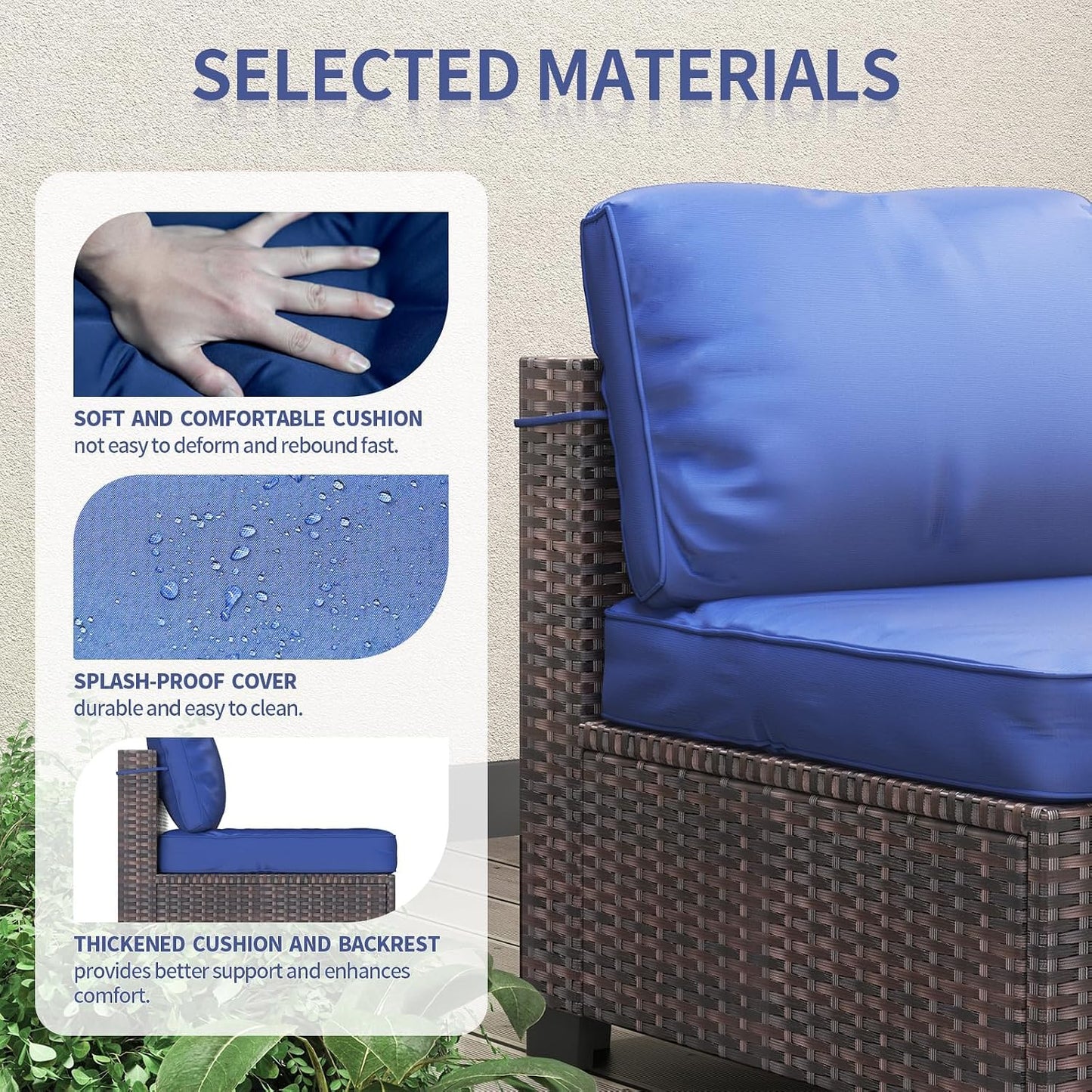 7 Pieces Outdoor Patio Furniture Sets, Rattan Conversation Set with Sectional Sofa, Chairs and Coffee Table, Waterproof Patio Conversation Sets (Brown & Navy Blue)