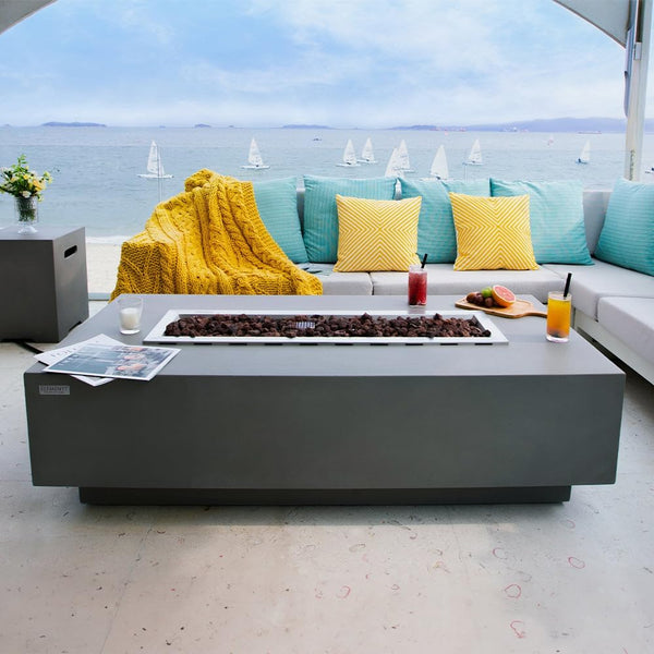 60" x 27" Cast Concrete Fire Table with Lava Rocks, 45,000 BTU Outdoor Fireplace, Natural Gas