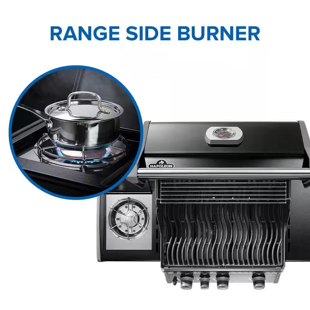 Rogue 425 3-Burner Propane Gas Grill in Black with Cast Iron Cooking Grids and Range Side Burner