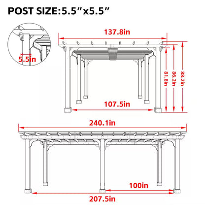 20 Ft. W X 12 Ft. D Cedar Wood Patio Pergola Shade Structure for Outdoor, Brown